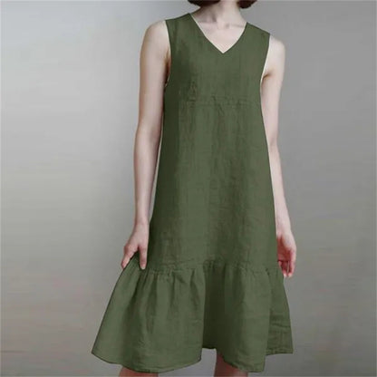 Loose-fit V-neck Solid-color Pleated Strap Sundress In Cotton And Linen