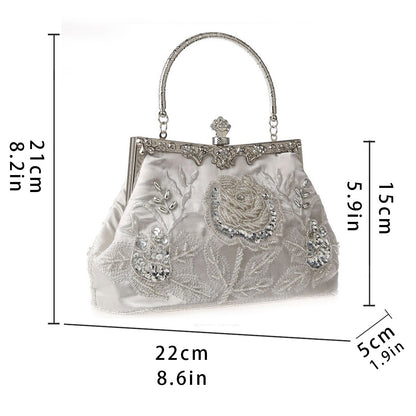 Handmade Beaded Clutch Bag - Elegant Embroidered Rose Silk Evening Purse with Removable Strap