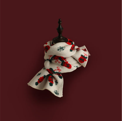 Red Knitted Scarf With Elk Print And Snowflake Pattern Designed For Warmth