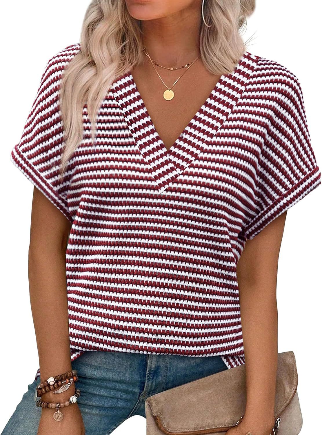 Casual Striped Textured Short-Sleeve Arrival V-Neck Knitted T-Shirt