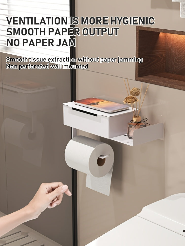 1pc Wrought Iron Bathroom Tissue Holder with Shelf - Self-Adhesive Wall Mounted Toilet Paper Roll Dispenser, Non-Drilling Installation, Multi-Functional Storage for Wet Wipes and Phone, Home Decor