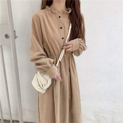 Retro Aloofness Style Mid-length Waist Fungus Long Sleeve Dress