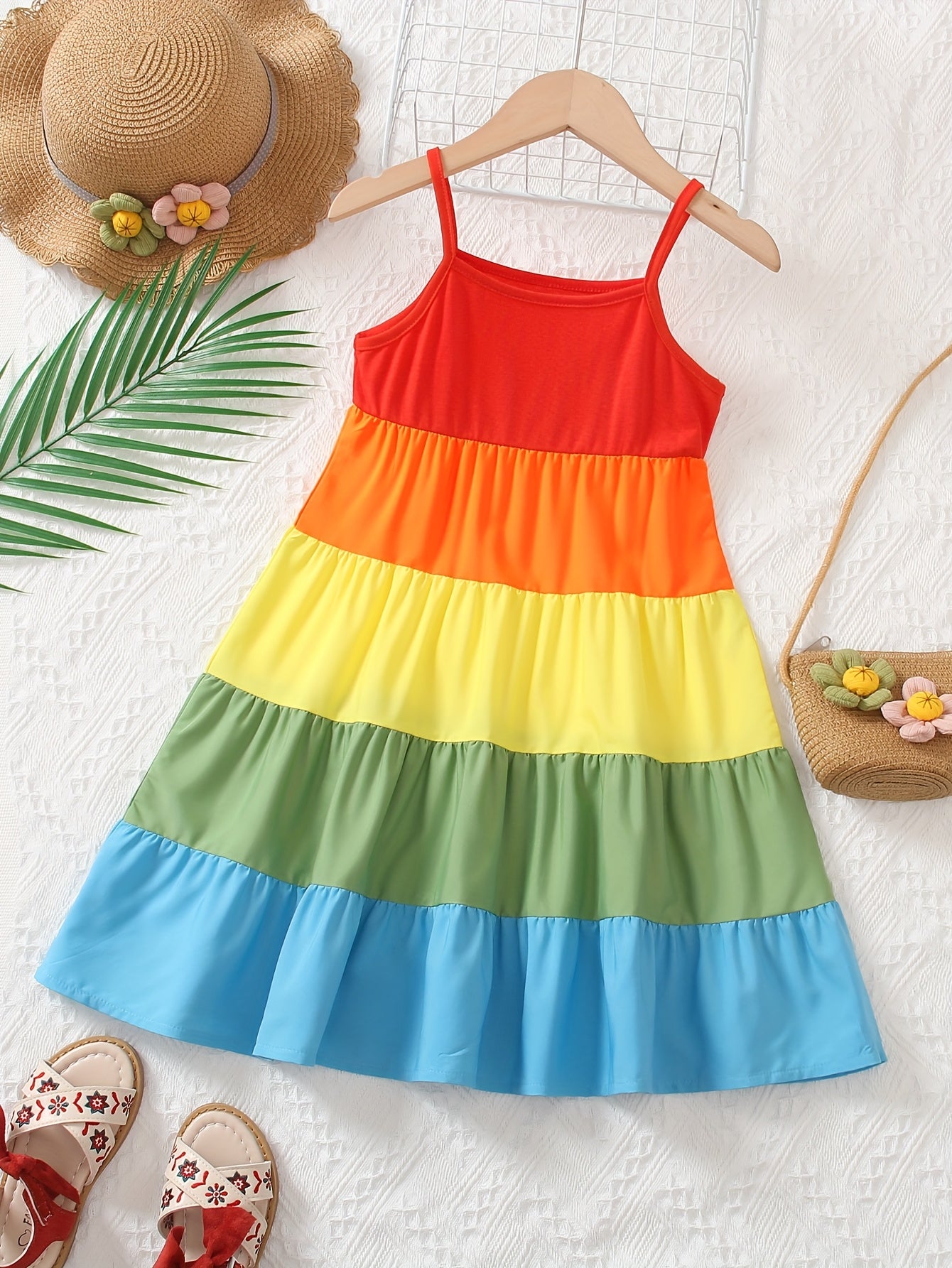 Girls' Spaghetti Strap Color-Blocked Rainbow Cake Dress - Perfect for Outdoor Occasions.