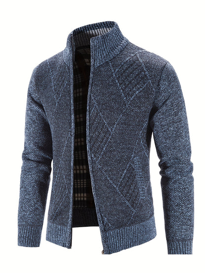 Mens Diamond Plaid Cardigan - Stylish Casual with Refined Stand Collar - Luxuriously Plush & Cozy Warm Knit Zip Up - Eye-Catching Design