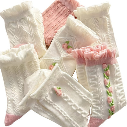 5 Pairs Kawaii Japanese Fashion Socks, Cute Flower Geometric 3D Textured Socks, Women's Stockings & Hosiery