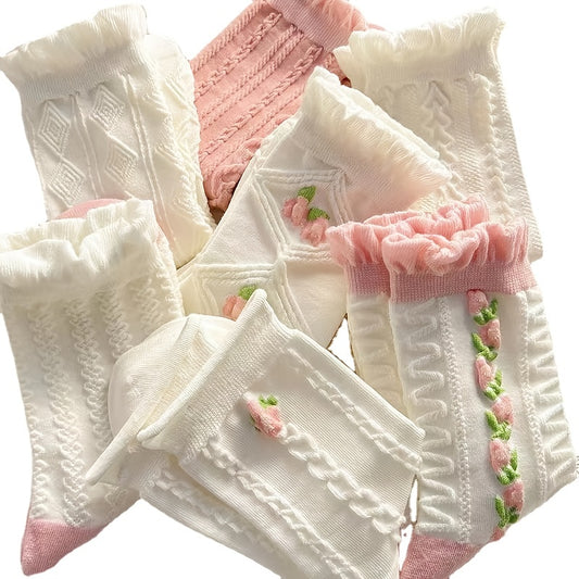 5 Pairs Kawaii Japanese Fashion Socks, Cute Flower Geometric 3D Textured Socks, Women's Stockings & Hosiery