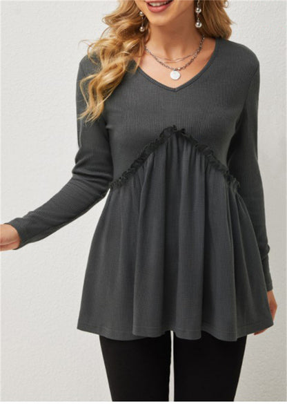 Loose-fit Ruffled Pleated V-neck T-shirt For Women