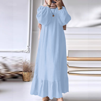 Fashion Solid Color Round Neck Ruffled Long Sleeve Dress