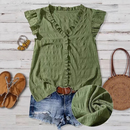 New Women's V-neck Ruffled Short-sleeve Blouse Loose-fit Figure-flattering Top With Lace Detailing