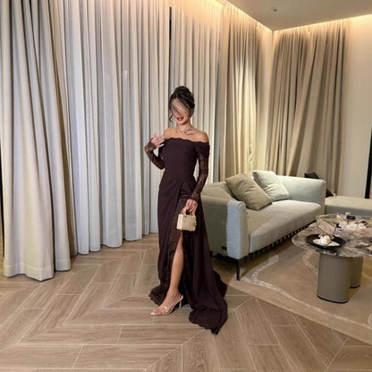 Off-the-shoulder Patchwork Lace Long-sleeve Flared Elegant Vintage Dress