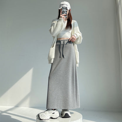 Gray Athletic High-waist Straight-leg Slit A-line Maxi Skirt