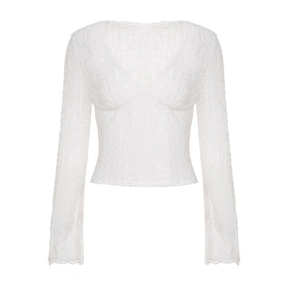 Women's Lace Sheer Top With Flared Sleeves And Cropped Design