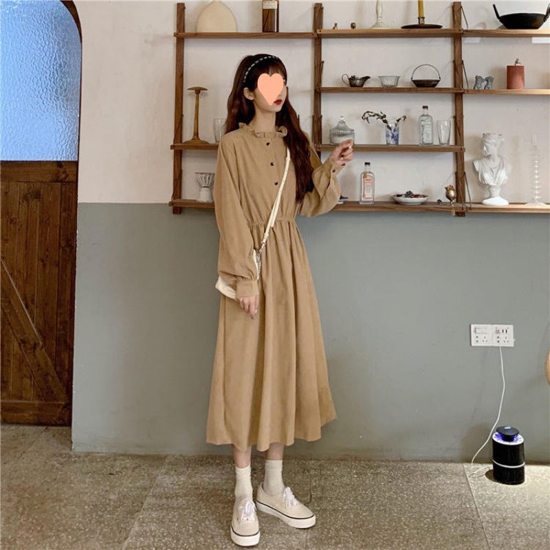 Retro Aloofness Style Mid-length Waist Fungus Long Sleeve Dress