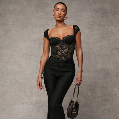 Sexy Short-sleeved Black Square-neck Bodysuit Sheer