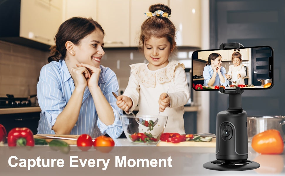 360° Auto-Tracking Smartphone Tripod - Hands-Free Face & Body Recognition - Wireless Rechargeable Holder for Live Streaming, Vlogging & Video Recording - Black