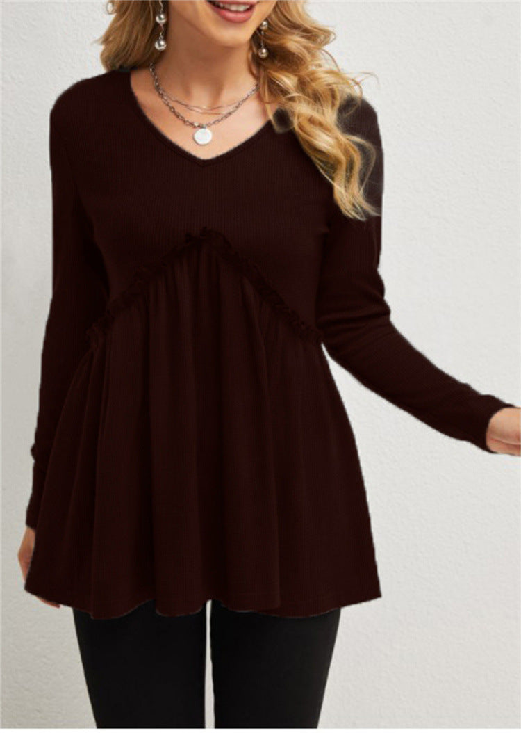 Loose-fit Ruffled Pleated V-neck T-shirt For Women