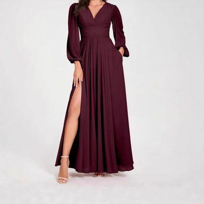 Solid Color V Neck Slit Long Sleeve Pleated Elegant Maxi Dress