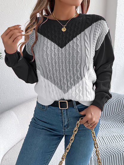 Women Casual Color Block Cable Knit Lantern Sleeve Pullover Sweater
