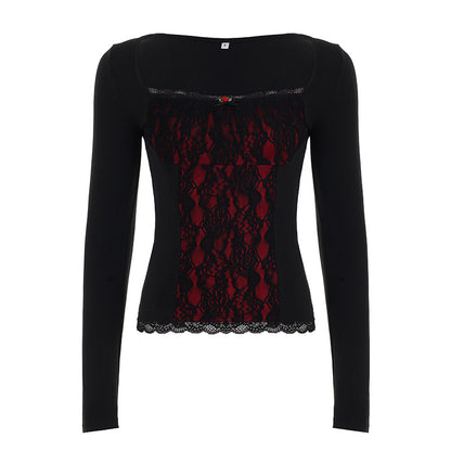 Lace-embellished Long-sleeve Blouse With Ruffled Trim