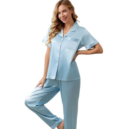 Summer Minimalist Casual Faux-silk Short-sleeve Shirt And Trousers