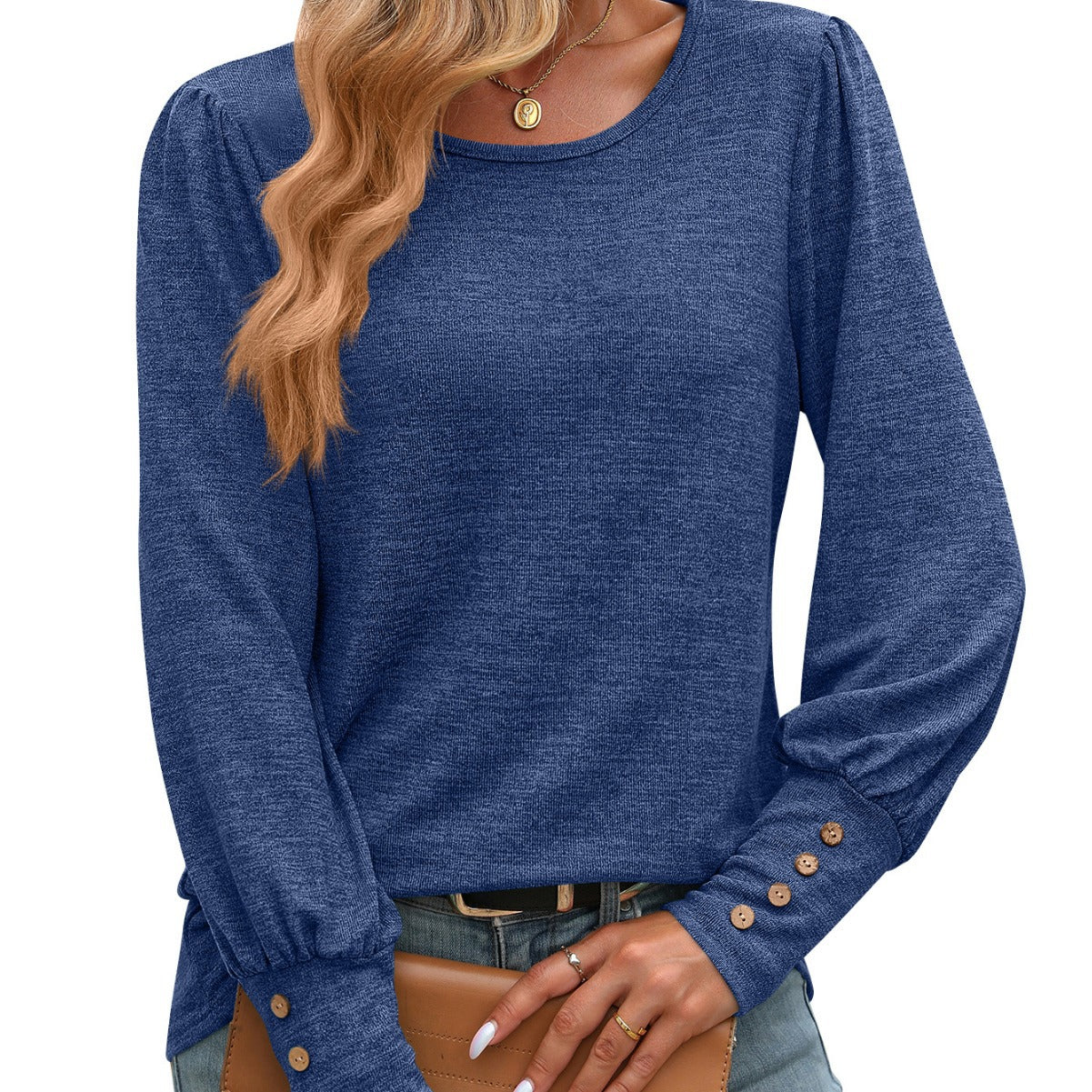 New Bubble-sleeve Crew-neck Button-up Long-sleeve Shirt