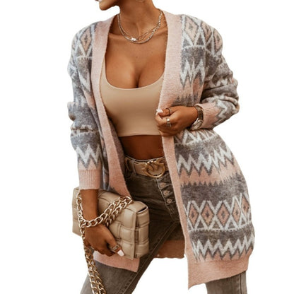 Women's V-neck Rhombus-Check Contrast-Color Mid-length Sweater Coat