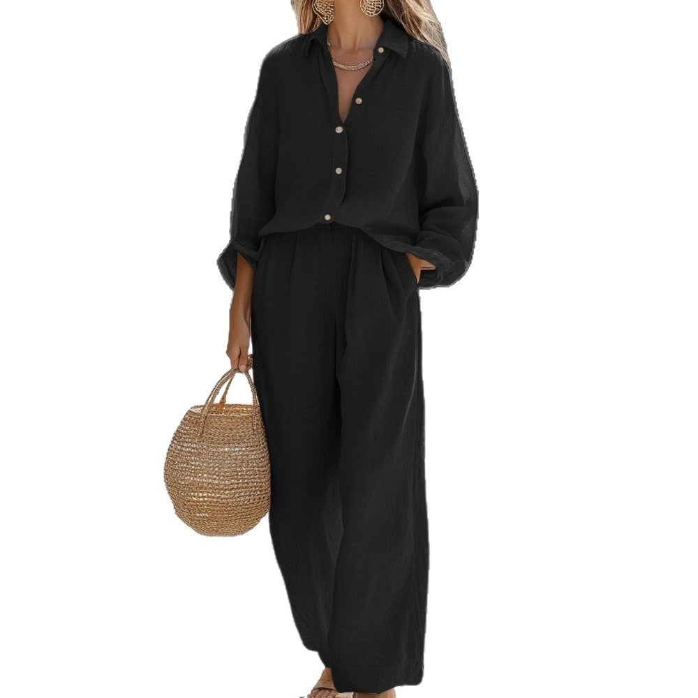 Women's Casual Lapel Long-sleeve Shirt And Trousers Set