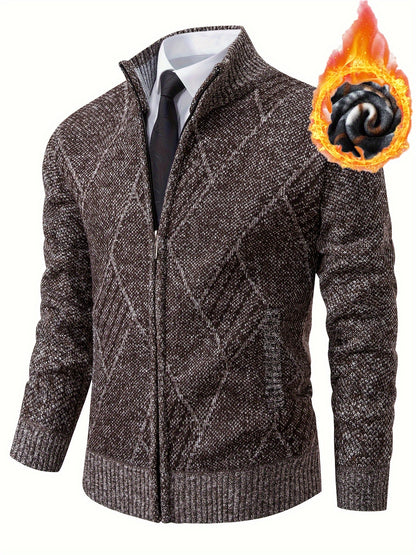 Mens Diamond Plaid Cardigan - Stylish Casual with Refined Stand Collar - Luxuriously Plush & Cozy Warm Knit Zip Up - Eye-Catching Design
