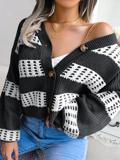 Women Designer Color Block Lantern Sleeve Cardigan Sweater Coat