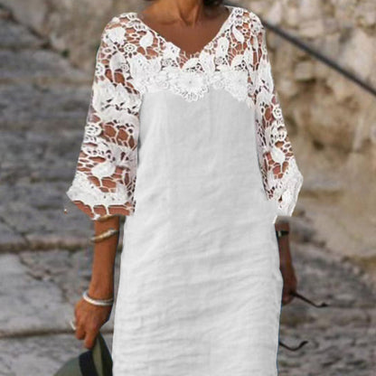 Casual Lace Stitching One-neck Cotton And Linen Dress