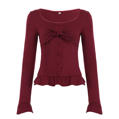 Sweet And Spicy Style With A U-neck And Ruffled Hem, Long-sleeved Design