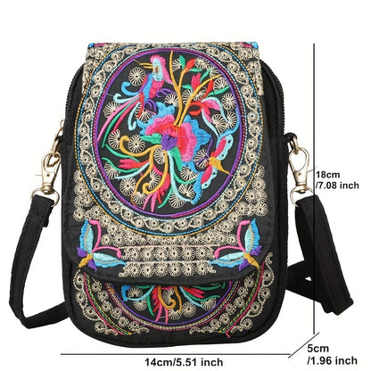 [Embroidered Crossbody] Lightweight Crossbody Bag | Women's Embroidered Mini Shoulder Bag with Detachable Strap - Floral Geometric Embroidery Design, Zipper Closure, Compact, Polyester Lined Interior (Navy/Purple/Red/Black)