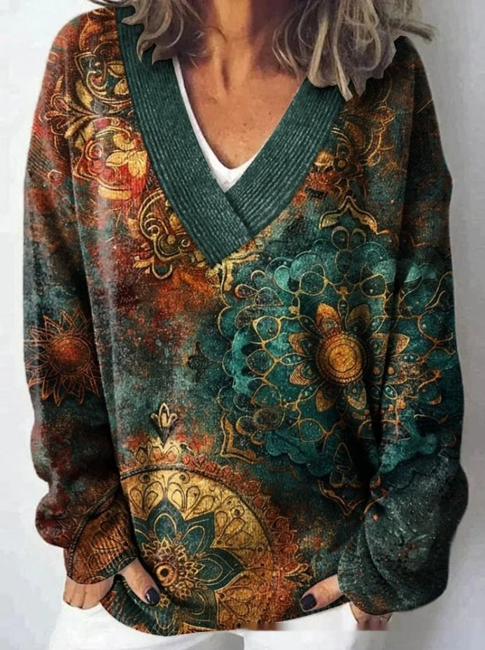 Floral Pattern Printed V-neck Long Sleeve Casual Sweatshirt