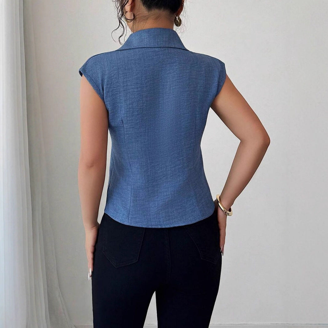 Women's Slim-fit Sleeveless Blouse With Pleats Elegant Top