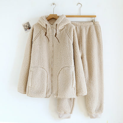 Corduroy Solid Color Casual Loose Fitting Set Flannel Hooded Padded Loungewear