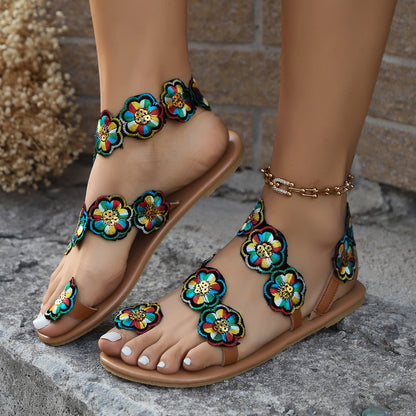 Bohemian Floral Flat Sandals for Women - Ethnic Summer Beach Shoes | Casual Vacation Footwear