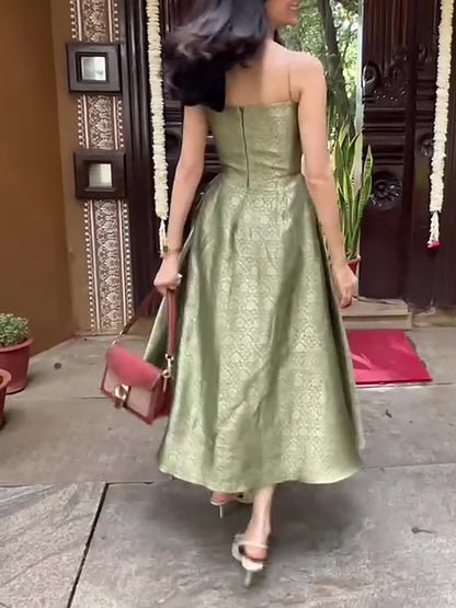 Elegant Green Ethnic Print Sleeveless Dress