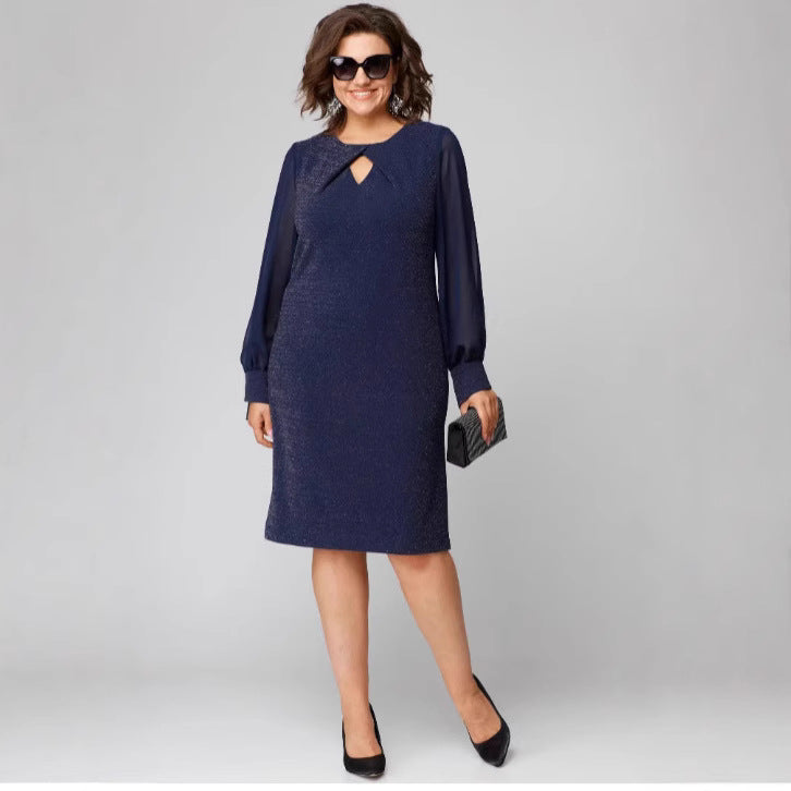 Solid Color Dress Mesh Chiffon Long Sleeve Round Neck