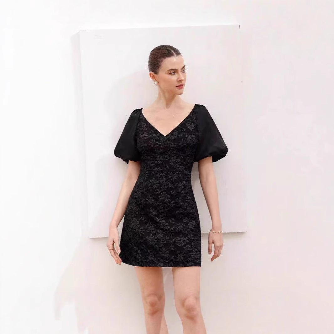 Retro Waist-Cinching Lace-Up Patchwork Pleated-Sleeve Dress