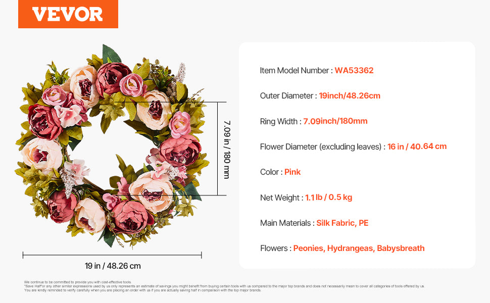 VEVOR Artificial Decorative Wreath Decorated with Peonies Hydrangeas Babysbreath Year Round Wreath for Wall Wedding Decorations