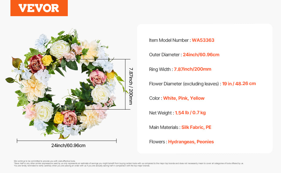 VEVOR Artificial Decorative Wreath Decorated with Peonies Hydrangeas Babysbreath Year Round Wreath for Wall Wedding Decorations