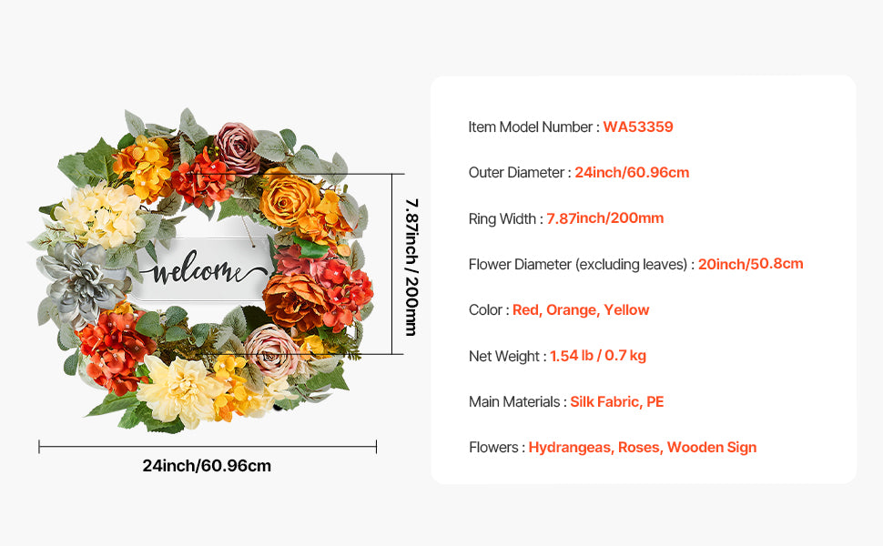 VEVOR Artificial Decorative Wreath Decorated with Peonies Hydrangeas Babysbreath Year Round Wreath for Wall Wedding Decorations