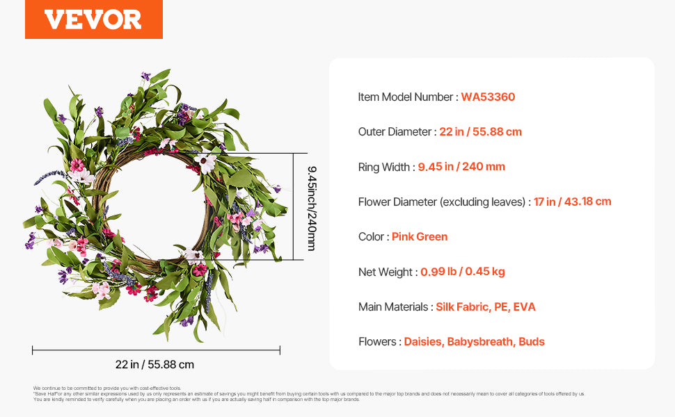 VEVOR Artificial Decorative Wreath Decorated with Peonies Hydrangeas Babysbreath Year Round Wreath for Wall Wedding Decorations