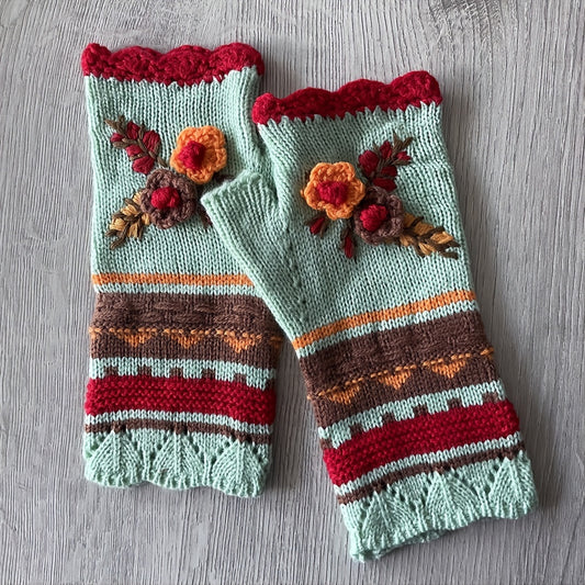 Handmade Crochet Fingerless Gloves - Vintage Embroidered Arm Warmers for Women