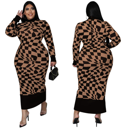 Women's Crew-Neck Plaid Printed Long-Sleeve Elegant Dress