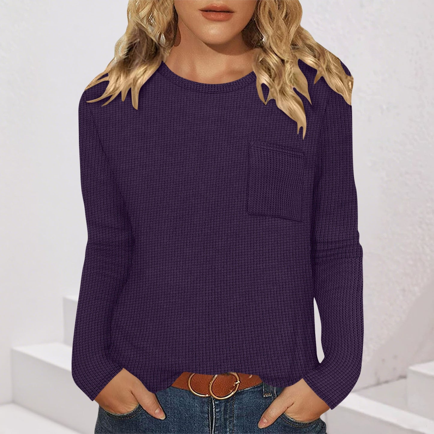 Women's Long-Sleeved Waffle Knit Top T-Shirt