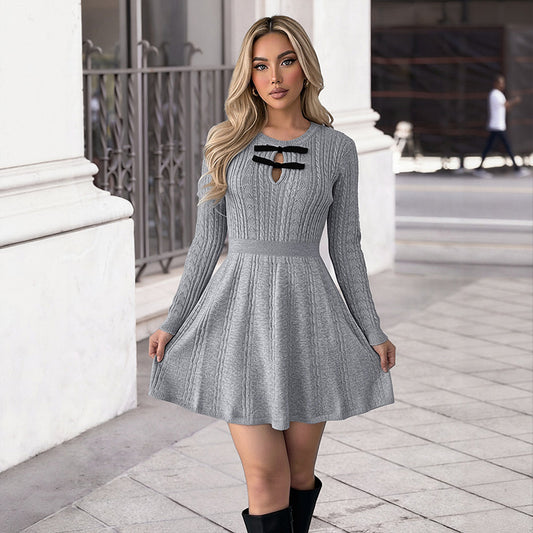 New High-end Gray Textured Knit Slim-fit Dress For Women