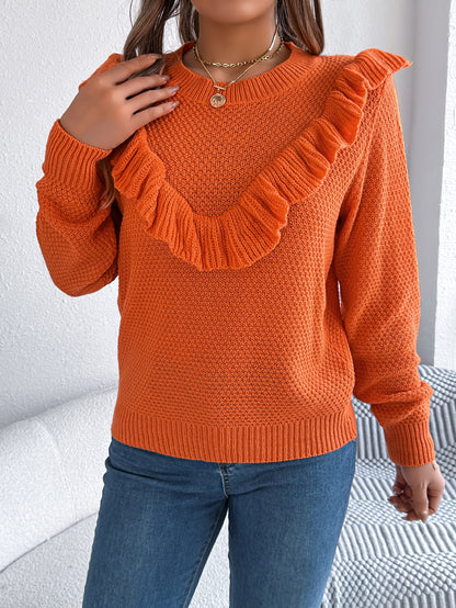 Women Elegant Solid Color Ruffled Long Sleeve Pullover Sweater