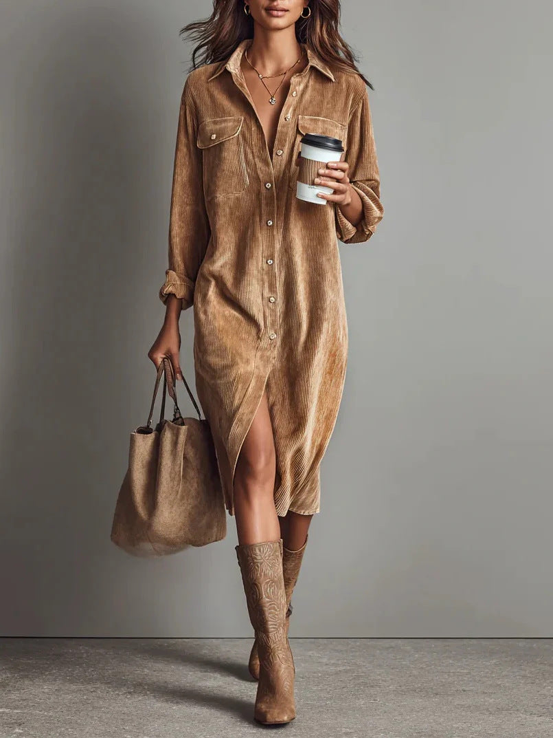 Turn-Down Collar Buttons Chic Casual Dress, Women Spring Autumn Solid Simple Party Dress, Long Sleeve Holiday Ladies Dress