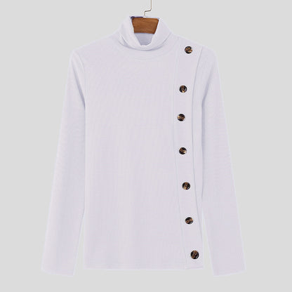 European And American Men Casual Sweater Turtleneck Buttons Solid Color Long Sleeve